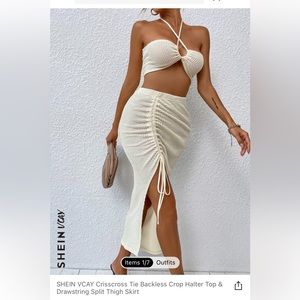 Cream backless crochet skirt set